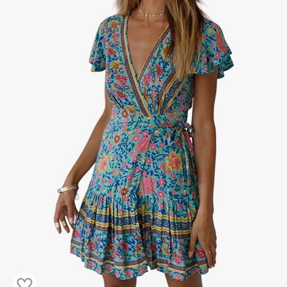Women’s Summer Wrap V Neck Bohemian Floral Print Ruffle Mini Dress - Picture 3 of 3